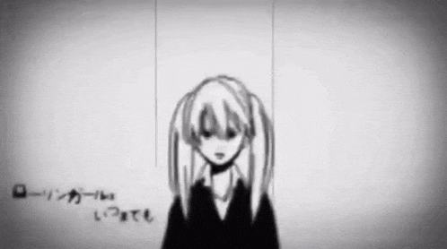 a black and white drawing of a girl with pigtails hanging from a rope .