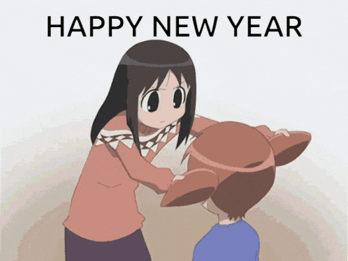 a cartoon of a girl and a boy with the words happy new year above them