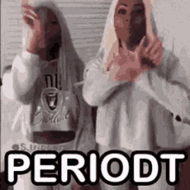 a couple of women standing next to each other with the words periodt written on the bottom .