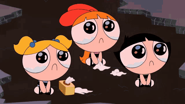 three crying cartoon characters with a box of tissues