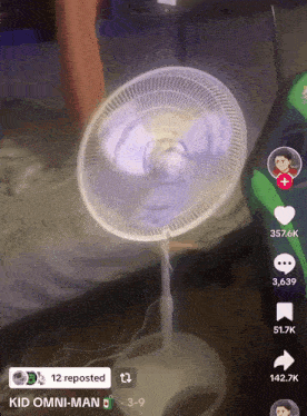 a fan is spinning in a tiktok video that has 12 reposts
