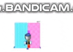 a cartoon character is standing in a blue and pink square .