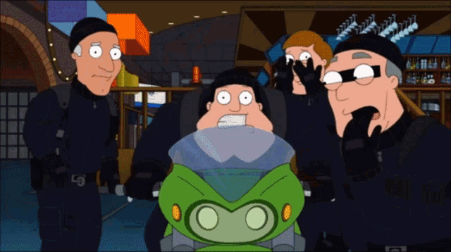 a group of cartoon characters are standing around a green motorcycle with the letter g on it