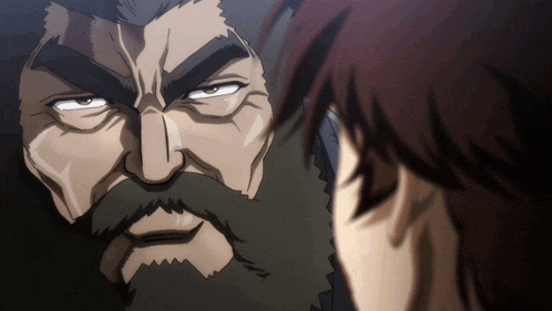a cartoon of a man with a beard looking at another man