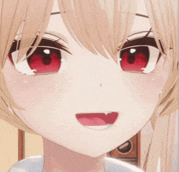 a close up of a girl with red eyes sticking her tongue out .