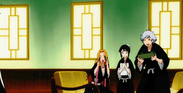 a group of anime characters are standing in a room with a yellow couch