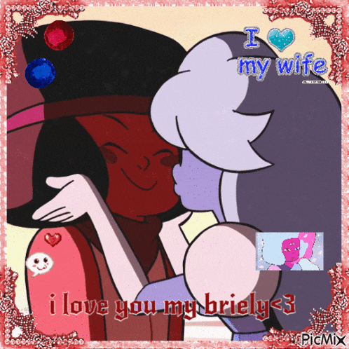 a picture of two cartoon characters hugging with the words i love you my brielly < 3