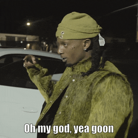 a man wearing a green fur coat and a green hat says oh my god yea goon