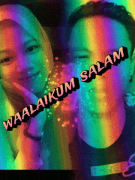 a man and a woman are standing next to each other with the words waalaikum salam written across their faces