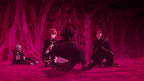 a group of people are standing in a dark room with purple walls