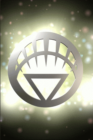 a silver circle with a white triangle in the middle
