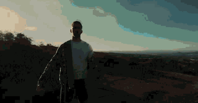 a man in a plaid shirt is standing on a hill