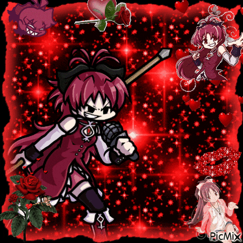 a picture of a girl holding a sword with the words picmix on the bottom right