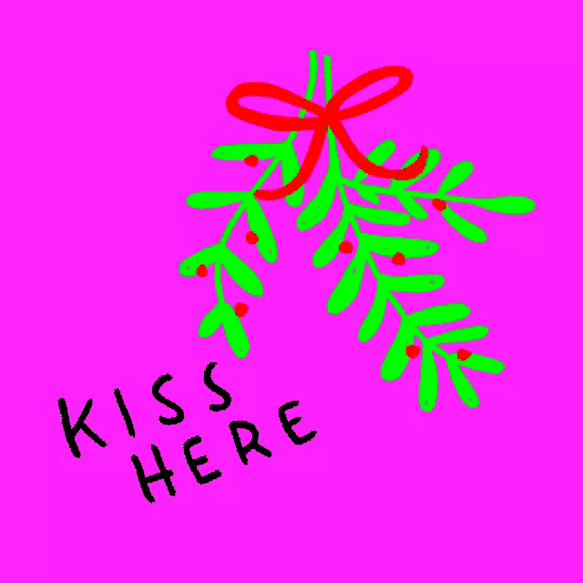 a drawing of mistletoe on a pink background with the words kiss here