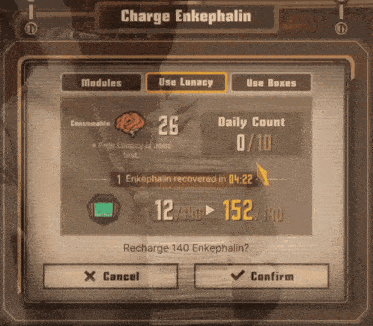 a screenshot of a game that says charge enkephalin