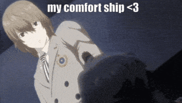 a man in a suit and tie stands next to another man with the words " my comfort ship < 3 " on the bottom