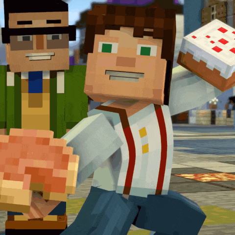 a minecraft character holding a piece of cake in his hand