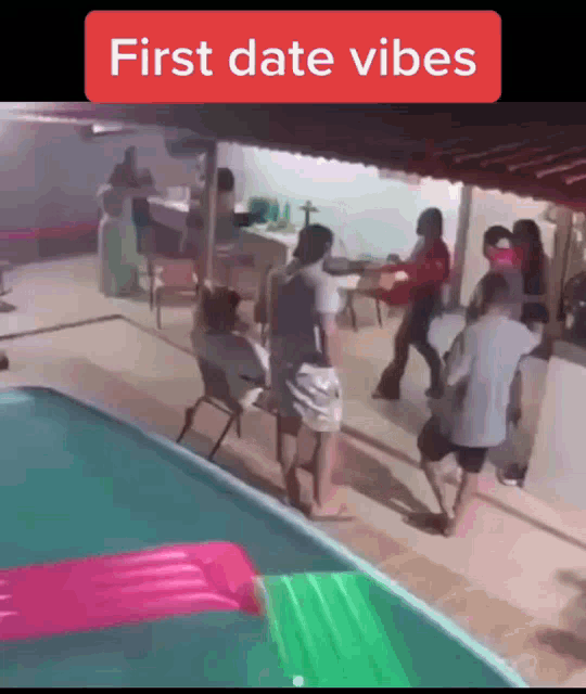 a group of people are gathered around a pool with the words first date vibes above them