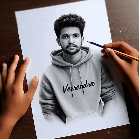 a person is holding a pencil and drawing a portrait of a man in a hoodie .