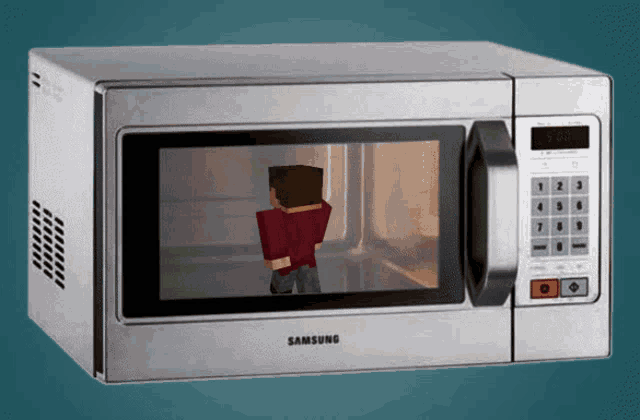 A gif of GoodTimesWithScar's Minecraft skin rotating in a microwave.