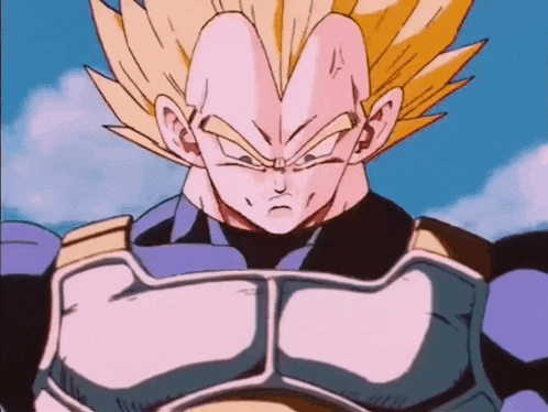 a close up of a dragon ball z character 's face and chest .