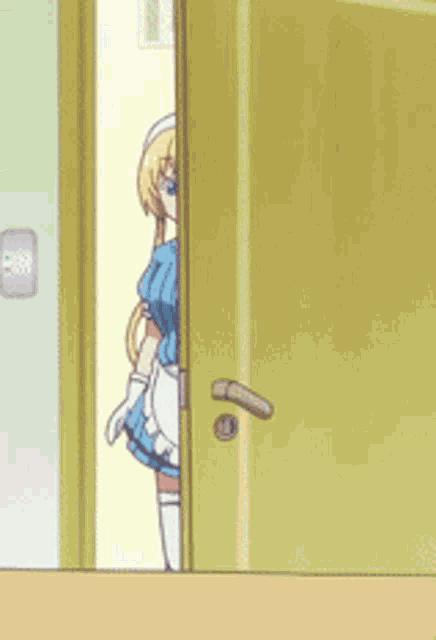 a girl in a maid costume is standing in a doorway