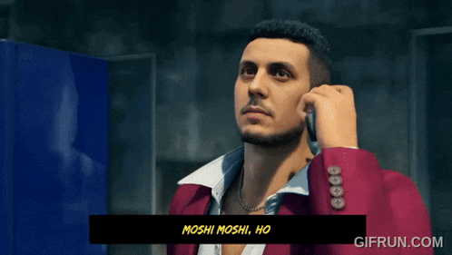 a man in a red jacket is talking on a cell phone and the words moshi moshi ho are on the bottom
