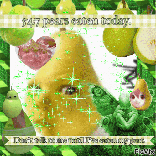 a picture of a pear with the words " 547 pears eaten today " on it