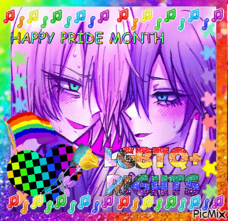 a happy pride month greeting card with a couple of anime girls