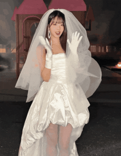 a woman in a white dress with a veil on her head