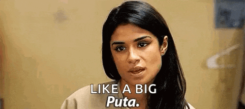 a woman is looking at the camera and saying `` like a big puta . ''