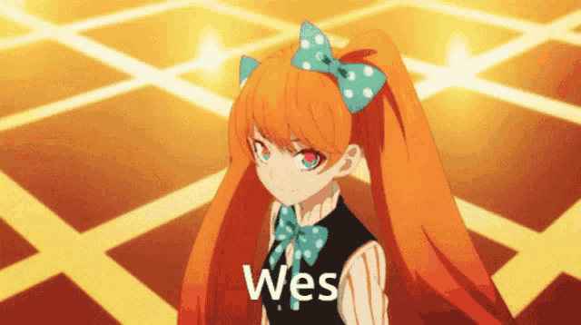 a girl with orange hair is wearing a bow and the word wes is on the bottom