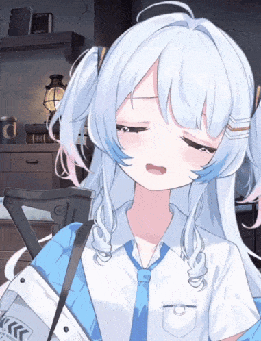 a girl with white hair and a blue tie is sitting in front of a desk