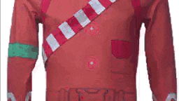 a close up of a red sweater with a striped scarf around the waist .