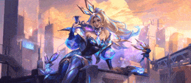 a woman in a bunny costume is sitting on a ledge holding a sword .