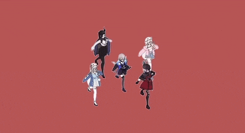 a group of anime characters are standing next to each other on a pink background .