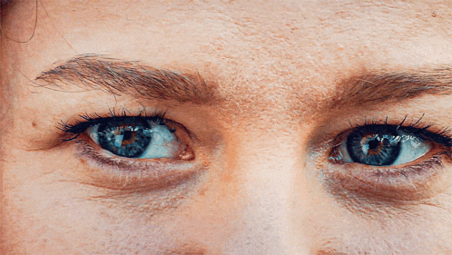 a close up of a woman 's blue eyes with a brown eyebrow