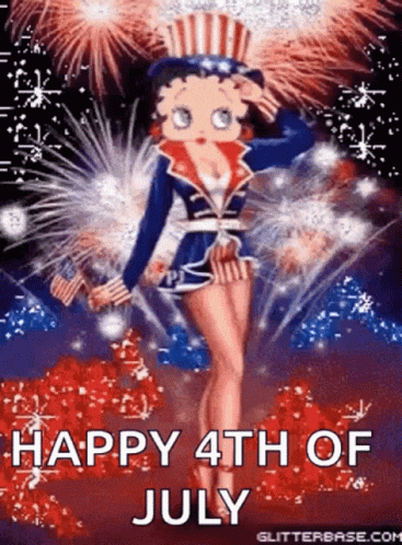 betty boop says happy 4th of july in front of a fireworks display