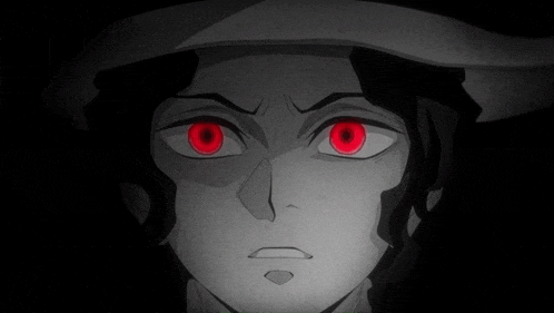 a close up of a person with red eyes