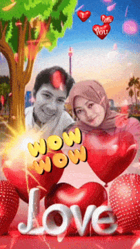 a man and a woman are surrounded by balloons and the word love