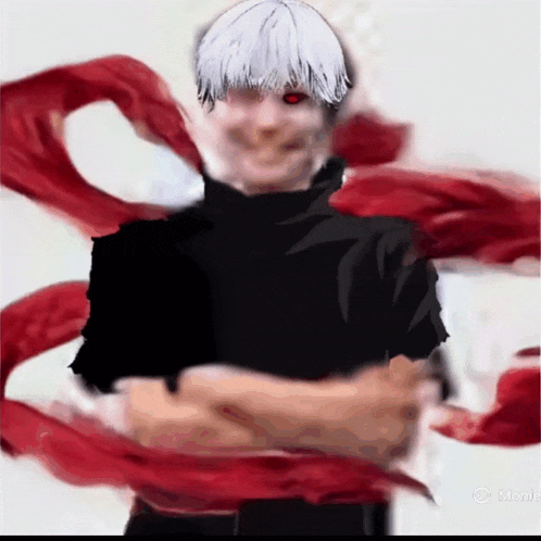 a man with white hair and red eyes is surrounded by red swirls