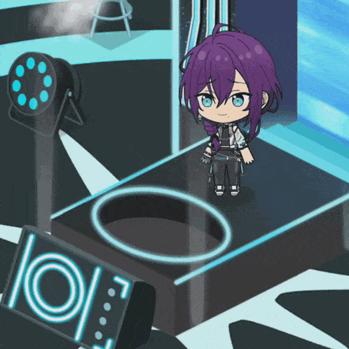 a girl with purple hair is standing in front of a sign that says oi