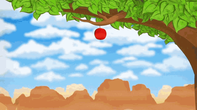 a tree with a red apple hanging from it 's branch