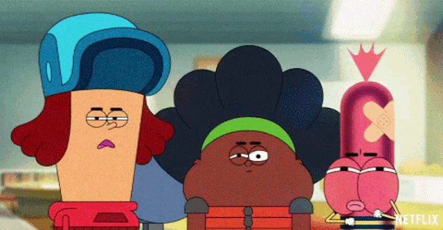 three cartoon characters are standing next to each other with netflix written on the bottom right