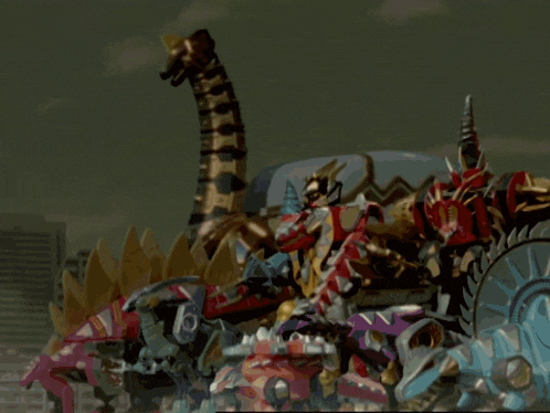 a group of toy dinosaurs are fighting each other in a cartoon scene