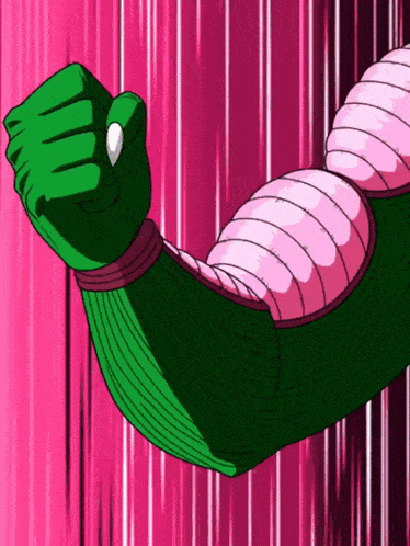 a green and pink cartoon character 's arm is shown