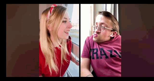 a man and a woman are standing next to each other and the woman is wearing a red shirt with the word raz on it .