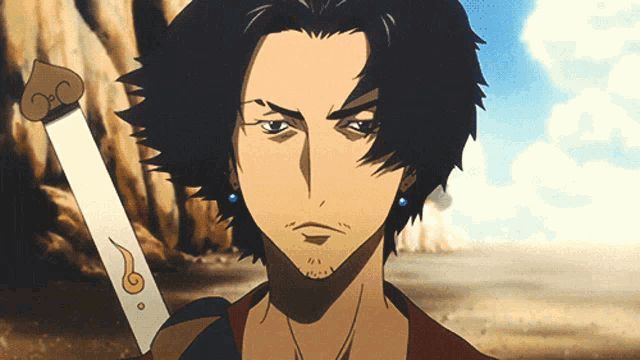 a man with a beard and earrings holds a sword