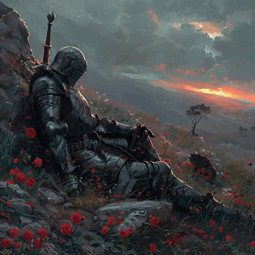 a painting of a knight laying on a rock in a field of roses