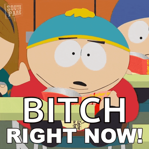 a cartoon character reading a book with the words bitch right now below him